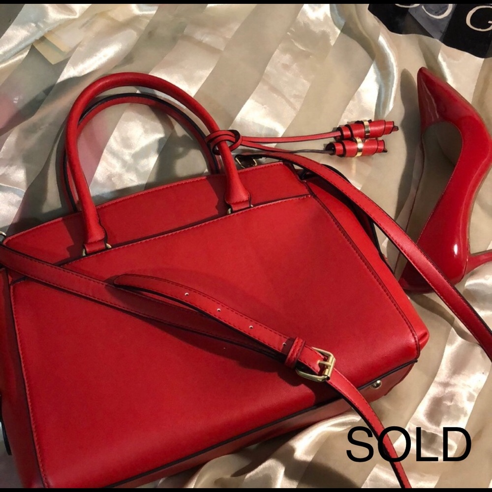 SOLD!  Red!  Beautiful large leather look tote.